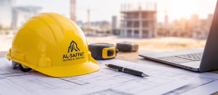 Site plans, hard hat and measuring tools on a desk